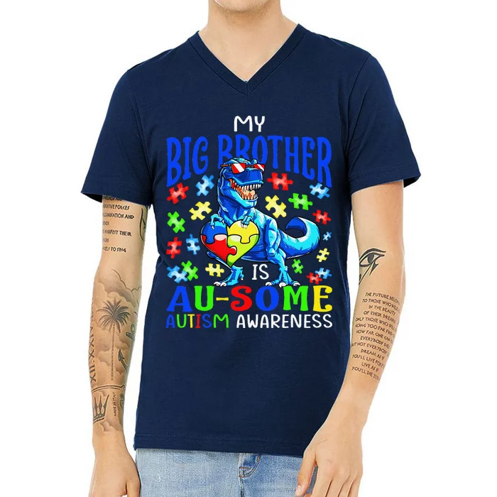 Autism Support Autistic My Big Brother Is Awesome Dinosaur V-Neck T-Shirt