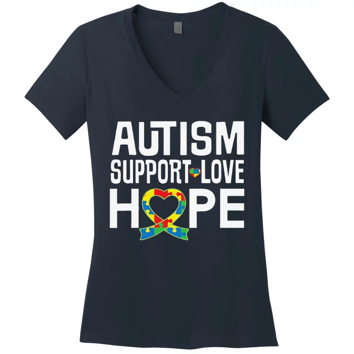 Autism Support Awareness Puzzle Ribbon Heart Women's V-Neck T-Shirt