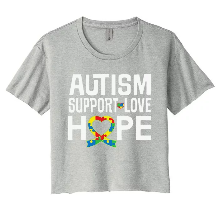 Autism Support Awareness Puzzle Ribbon Heart Women's Crop Top Tee