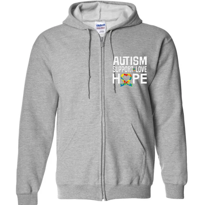 Autism Support Awareness Puzzle Ribbon Heart Full Zip Hoodie