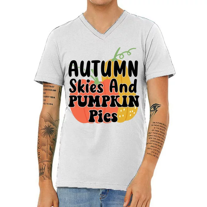 Autumn Skies And Pumpkin Pies Cute V-Neck T-Shirt