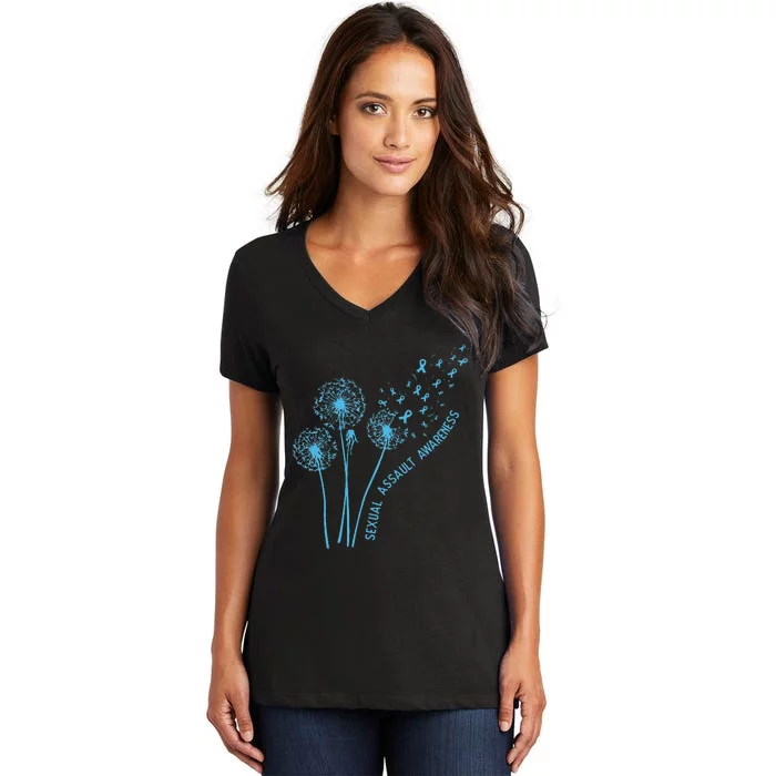 April Sexual Assault Awareness Month Teal Dandelion Ribbons Women's V-Neck T-Shirt