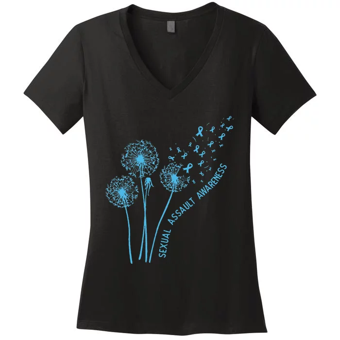 April Sexual Assault Awareness Month Teal Dandelion Ribbons Women's V-Neck T-Shirt