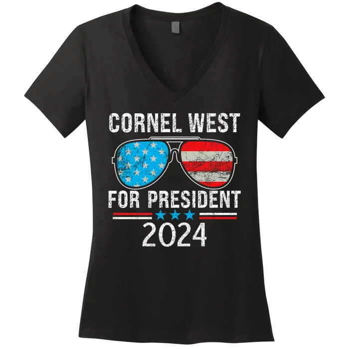 Aviator Sunglasses American Flag Cornel West 2024 Women's V-Neck T-Shirt