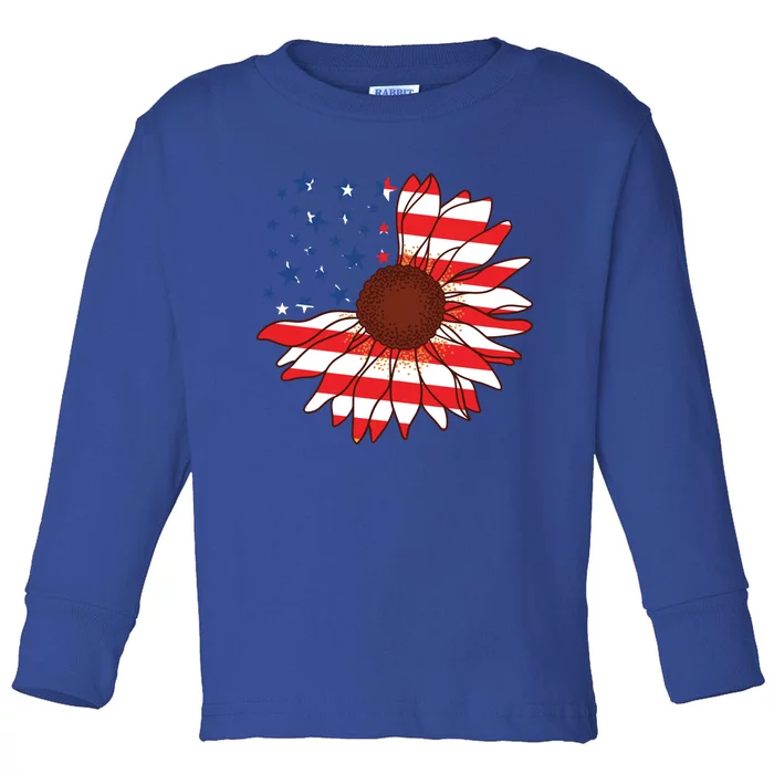 American Sunflower America Flag Stars And Stripes Flower Cool Gift Toddler Long Sleeve Shirt