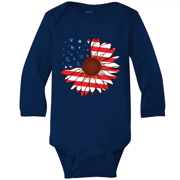 American Sunflower America Flag Stars And Stripes Flower Cool Gift Baby Long Sleeve Bodysuit