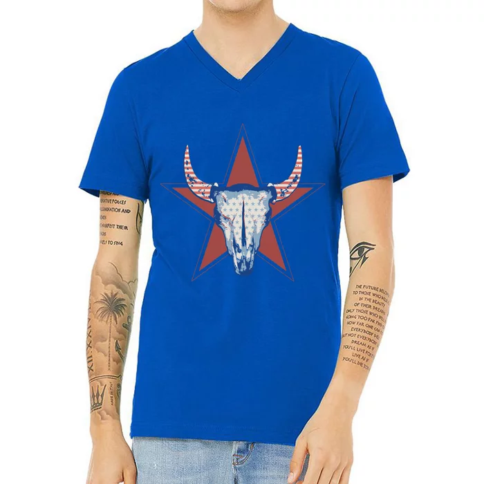 Americana Stars And Stripes Cow Skull Gift V-Neck T-Shirt