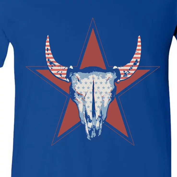 Americana Stars And Stripes Cow Skull Gift V-Neck T-Shirt