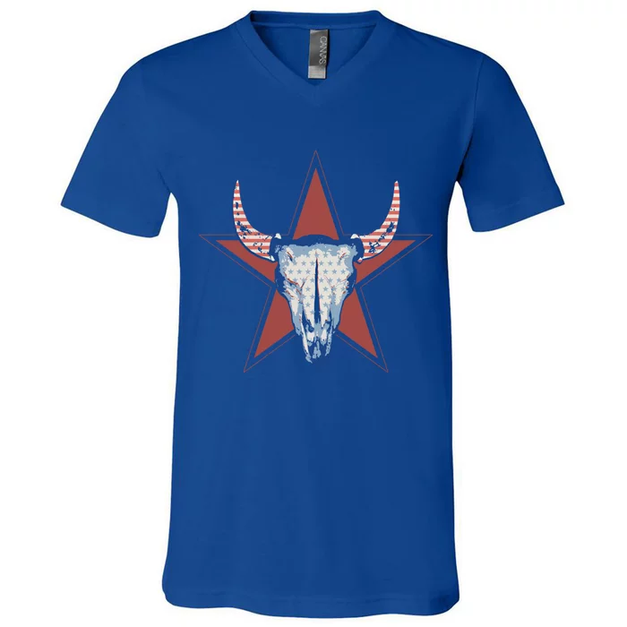 Americana Stars And Stripes Cow Skull Gift V-Neck T-Shirt