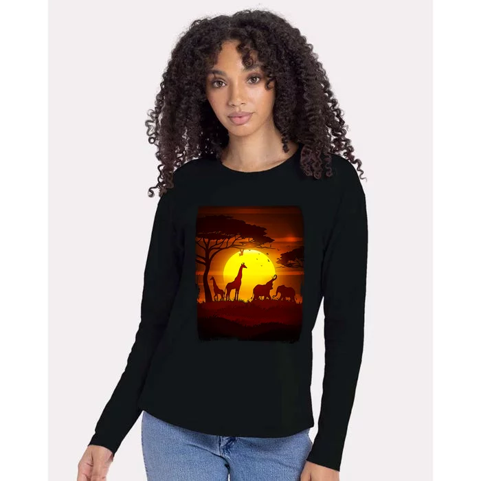 African Safari Animals Sunset Scene Womens Cotton Relaxed Long Sleeve T-Shirt