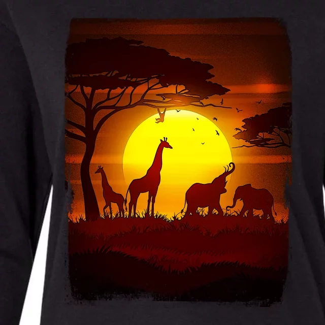 African Safari Animals Sunset Scene Womens Cotton Relaxed Long Sleeve T-Shirt