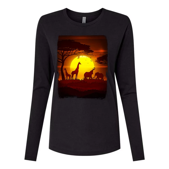 African Safari Animals Sunset Scene Womens Cotton Relaxed Long Sleeve T-Shirt