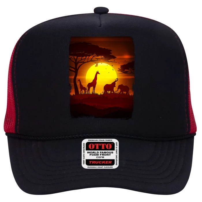 African Safari Animals Sunset Scene High Crown Mesh Trucker Hat