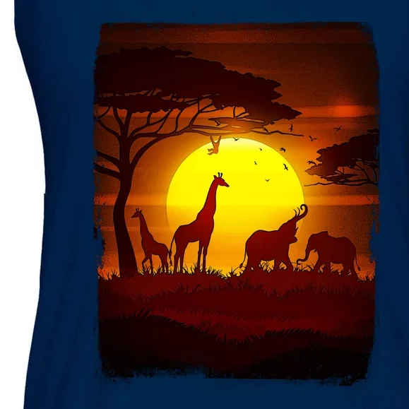 African Safari Animals Sunset Scene Ladies Essential Flowy Tank