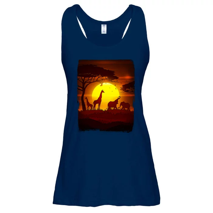 African Safari Animals Sunset Scene Ladies Essential Flowy Tank