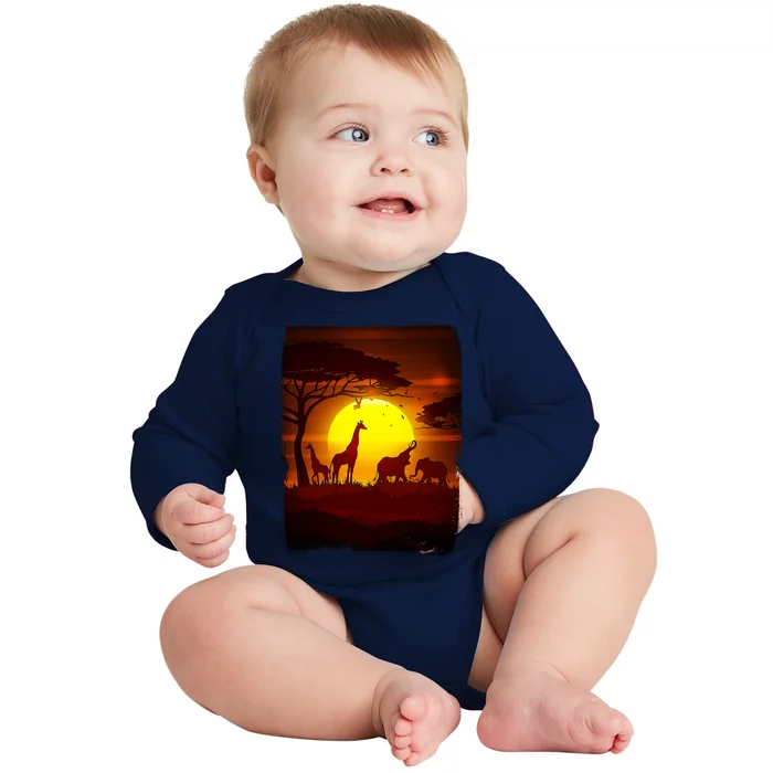 African Safari Animals Sunset Scene Baby Long Sleeve Bodysuit