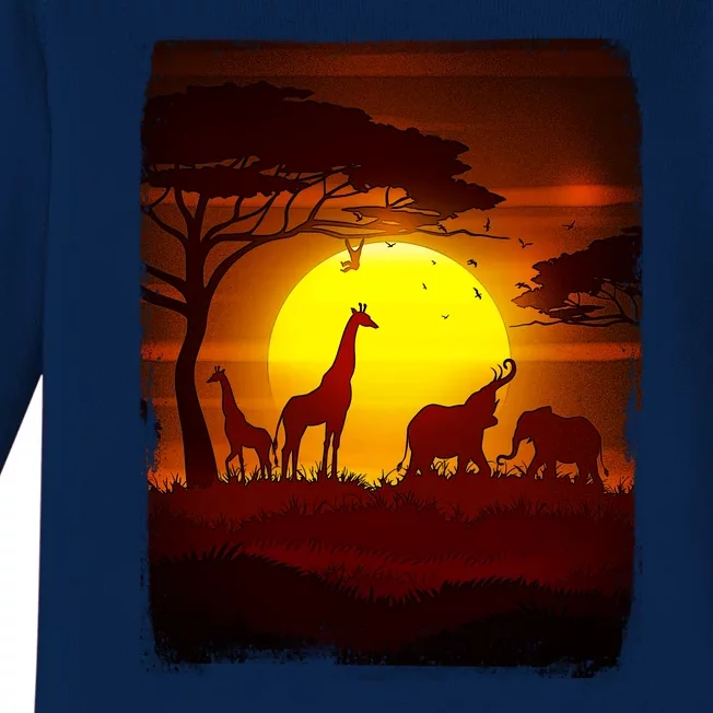 African Safari Animals Sunset Scene Baby Long Sleeve Bodysuit