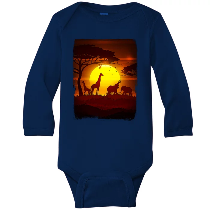 African Safari Animals Sunset Scene Baby Long Sleeve Bodysuit