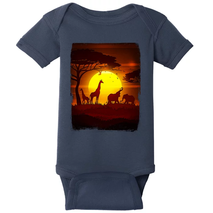 African Safari Animals Sunset Scene Baby Bodysuit