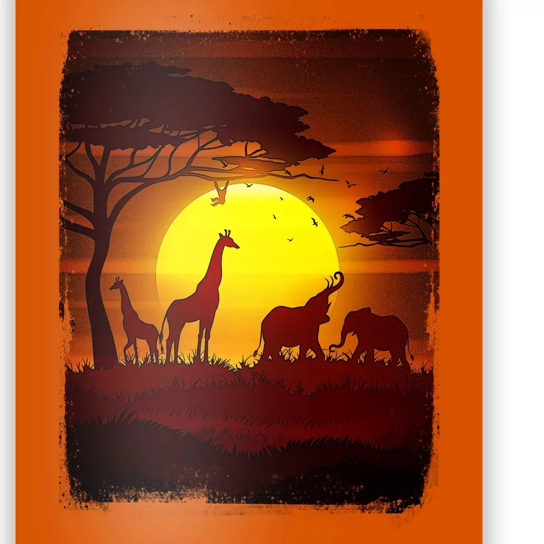 African Safari Animals Sunset Scene Poster