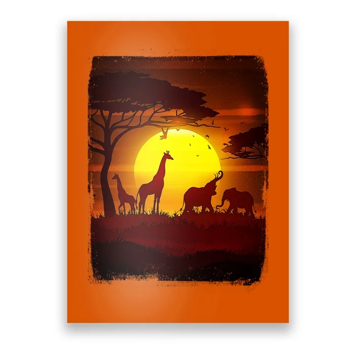 African Safari Animals Sunset Scene Poster