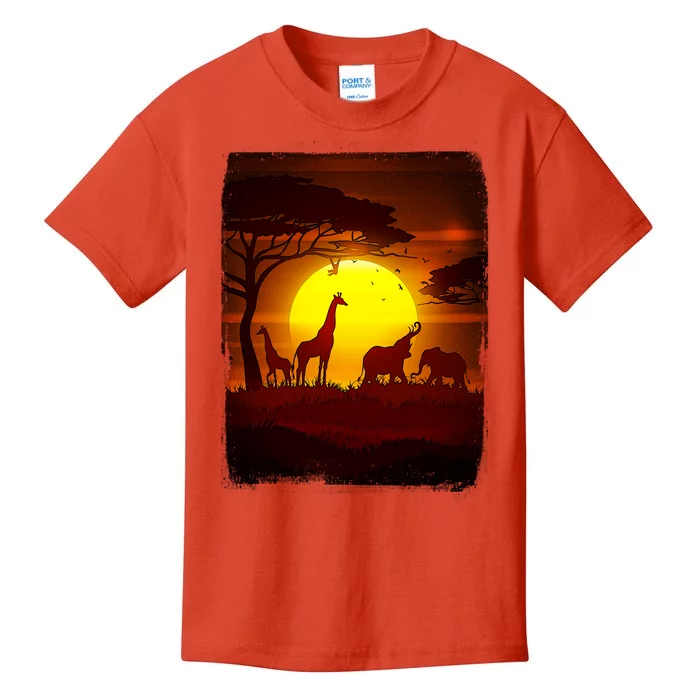 African Safari Animals Sunset Scene Kids T-Shirt