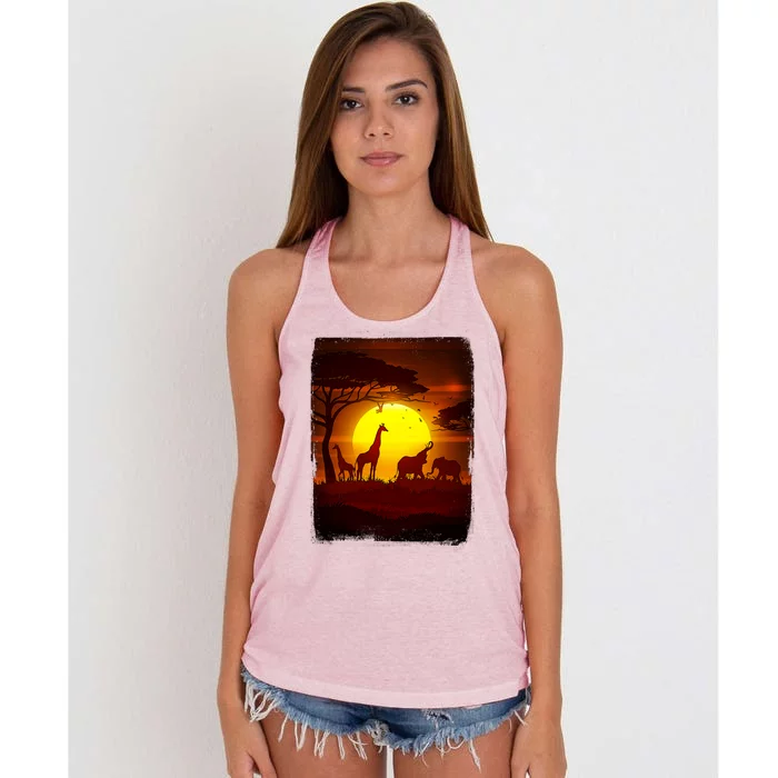 African Safari Animals Sunset Scene Women's Knotted Racerback Tank