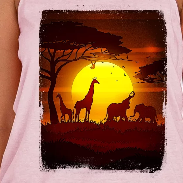 African Safari Animals Sunset Scene Women's Knotted Racerback Tank