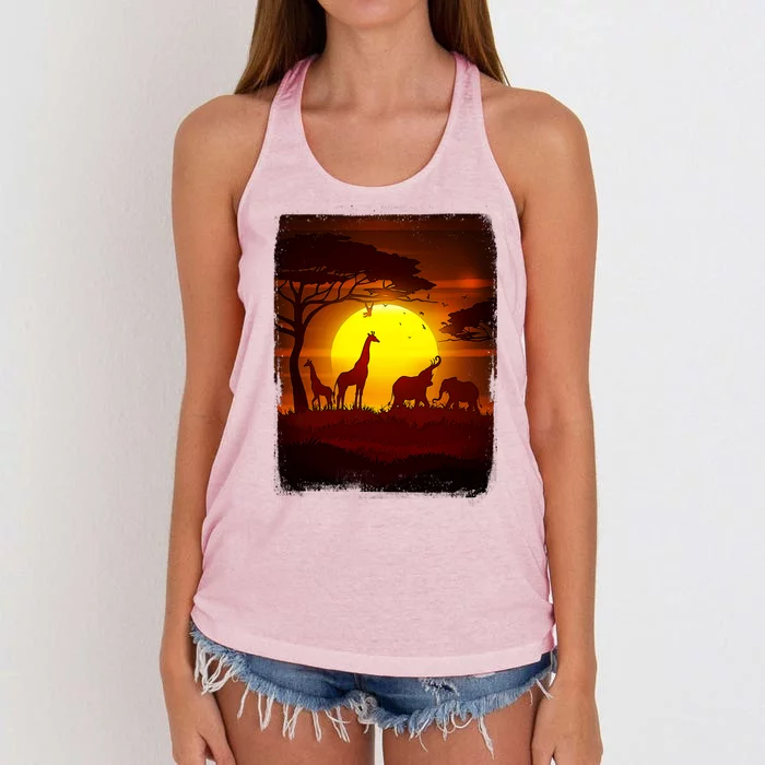 African Safari Animals Sunset Scene Women's Knotted Racerback Tank