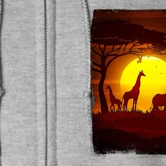 African Safari Animals Sunset Scene Full Zip Hoodie