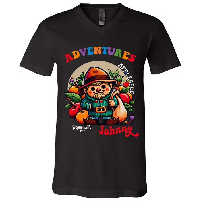 Apple Seed Adventures Begin With Johnny  Fun Costume V-Neck T-Shirt