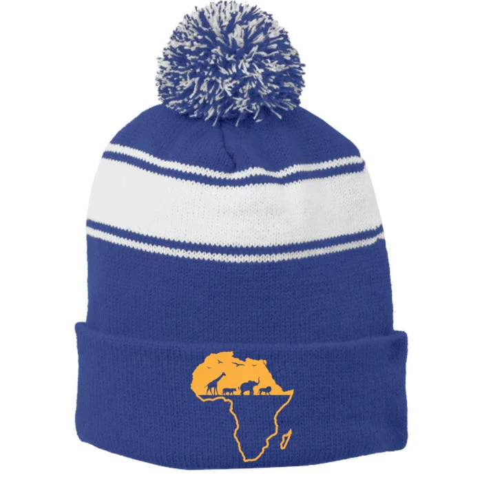 African Safari African Continent Map Wild Animals Lover Gift Cute Gift Stripe Pom Pom Beanie