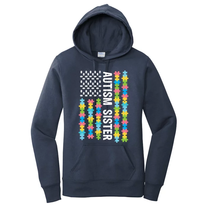 Autism Sister Awareness I'm A Proud Sister Vintage Us Flag Cool Gift Women's Pullover Hoodie