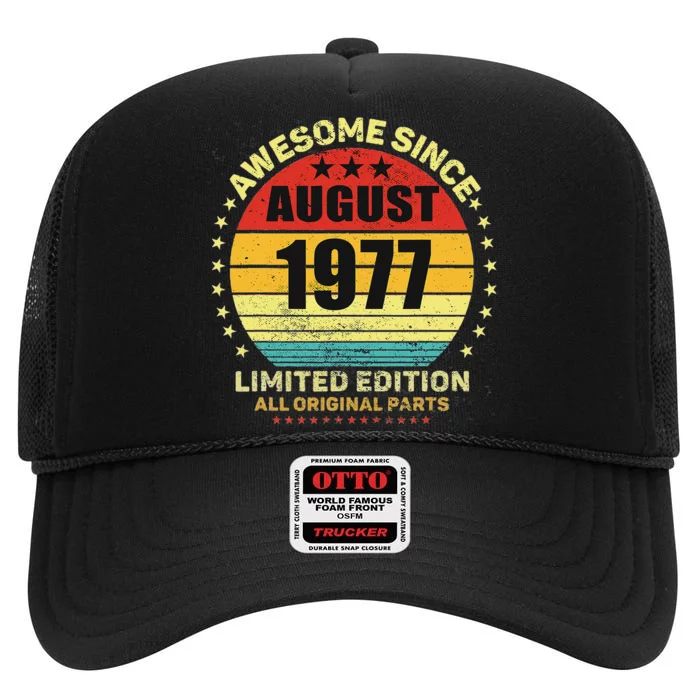 Awesome Since August 1977 46th Birthday Retro Sunset High Crown Mesh Trucker Hat