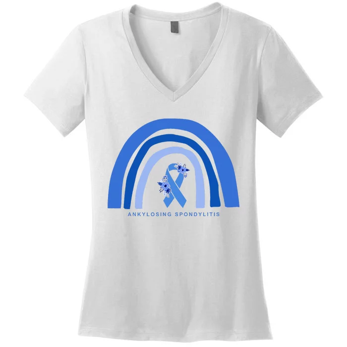 Ankylosing Spondylitis Awareness Support Floral Blue Ribbon Women's V-Neck T-Shirt