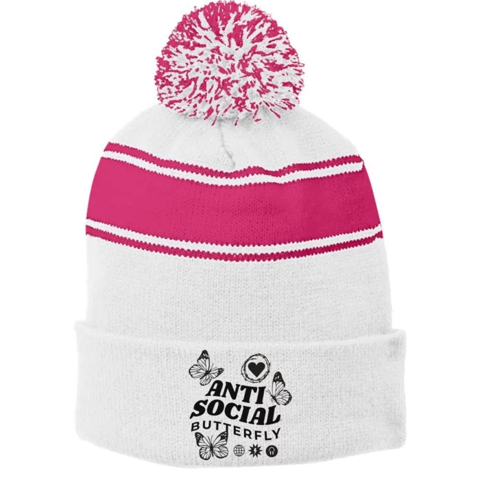 Anti Social Butterfly Retro Stripe Pom Pom Beanie