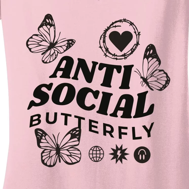 Anti Social Butterfly Retro Women's V-Neck T-Shirt