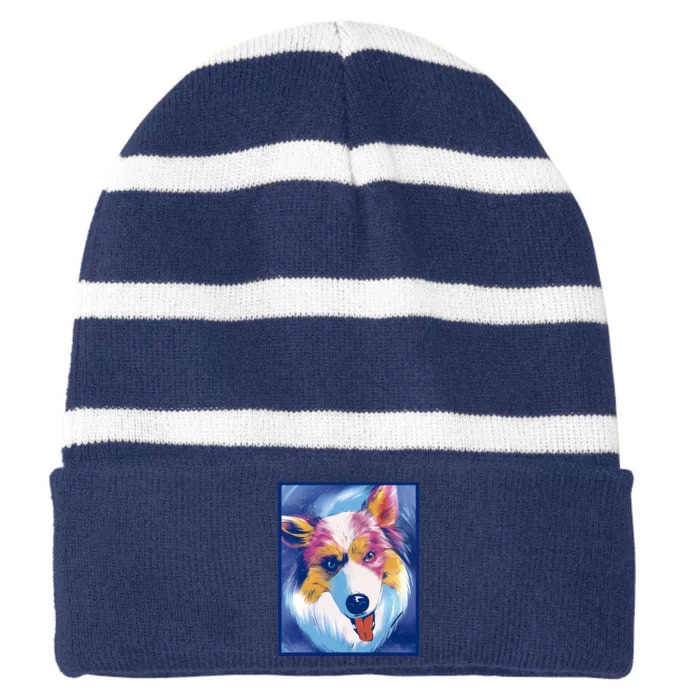 Australian Shepherd Colorful Dog Striped Beanie with Solid Band