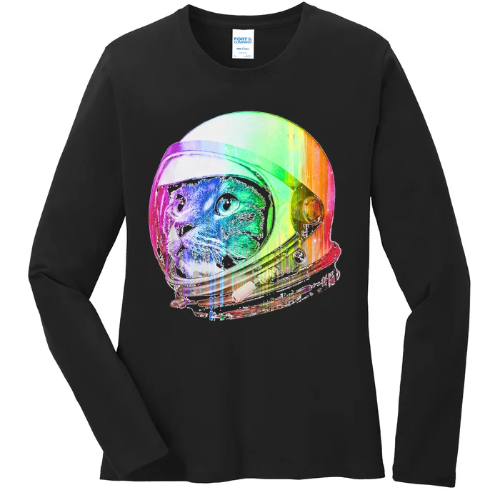 Astronaut Space Cat (Digital Rainbow Version) Ladies Long Sleeve Shirt