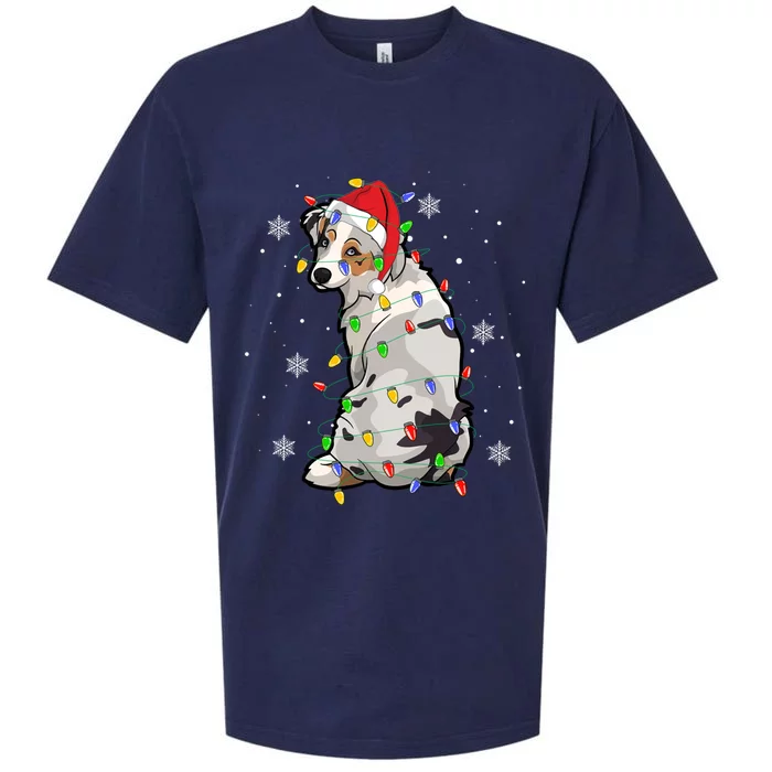 Australian Shepherd Christmas Sweater Dog Xmas Lights Tree Cute Gift Sueded Cloud Jersey T-Shirt