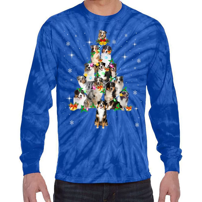 Australian Shepherd Christmas Tree Lights Xmas Pajama Dog Cool Gift Tie-Dye Long Sleeve Shirt