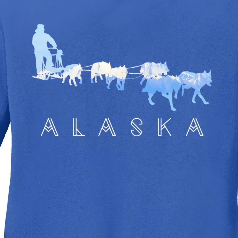 Alaska Sled Dogs Mushing Gift Sled Dog Team Snow Mountain Scene Gift Ladies Long Sleeve Shirt