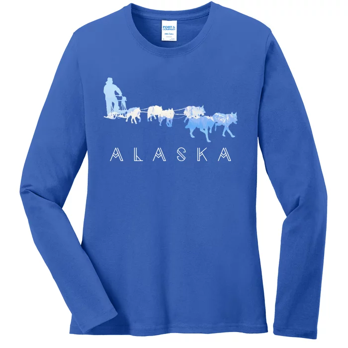 Alaska Sled Dogs Mushing Gift Sled Dog Team Snow Mountain Scene Gift Ladies Long Sleeve Shirt