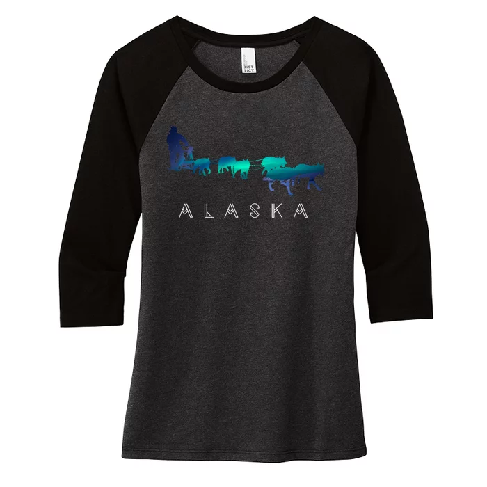 Alaska Sled Dogs Mushing Sled Dog Team A.U.R.O.R.A Borealis Scene Women's Tri-Blend 3/4-Sleeve Raglan Shirt