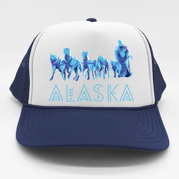 Alaska Sled Dogs Mushing Team Snow Sledding Mountain Scene Trucker Hat