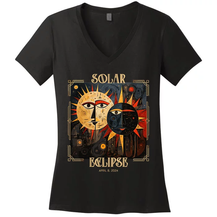 Art Solar Eclipse 2024 Sun Totality April 8th America Women's V-Neck T-Shirt