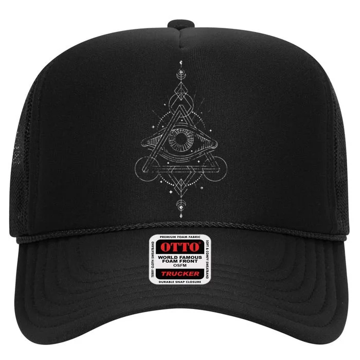 All Seeing Eye Blackcraft Alchemy Sun Moon Astrology Gift High Crown Mesh Trucker Hat