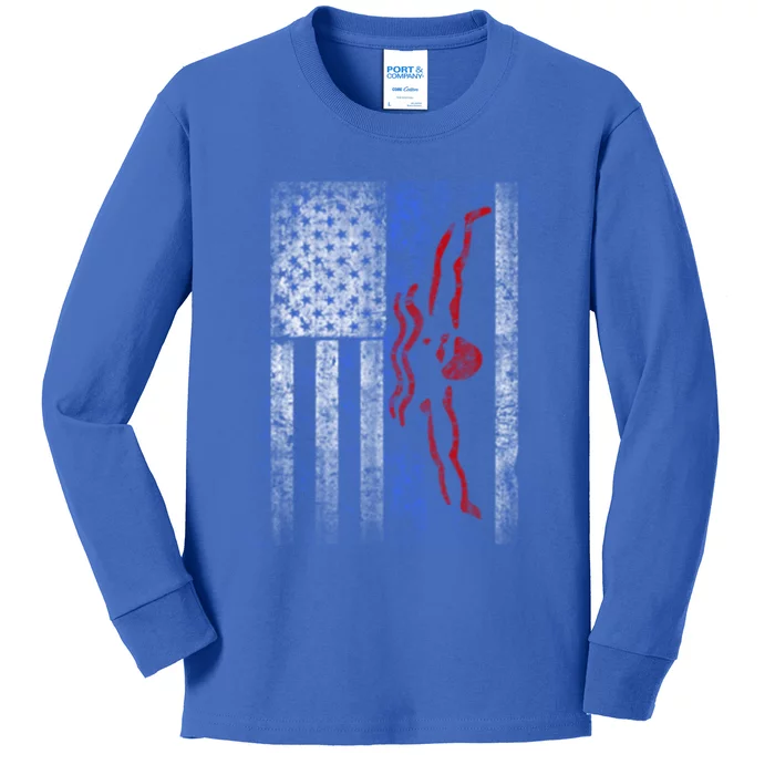 American Swim Flag Usa Swimming Butterfly Stroke Swimmer Gift Kids Long Sleeve Shirt