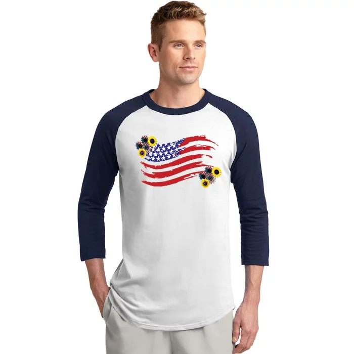 America Sunflower Flag 4th July American Patriotic Flower Gift Baseball Sleeve Shirt