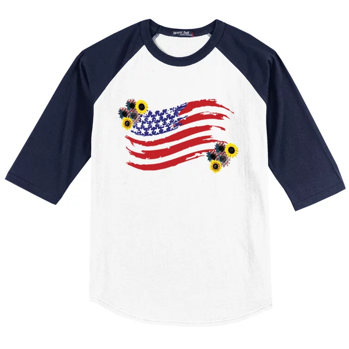 America Sunflower Flag 4th July American Patriotic Flower Gift Baseball Sleeve Shirt